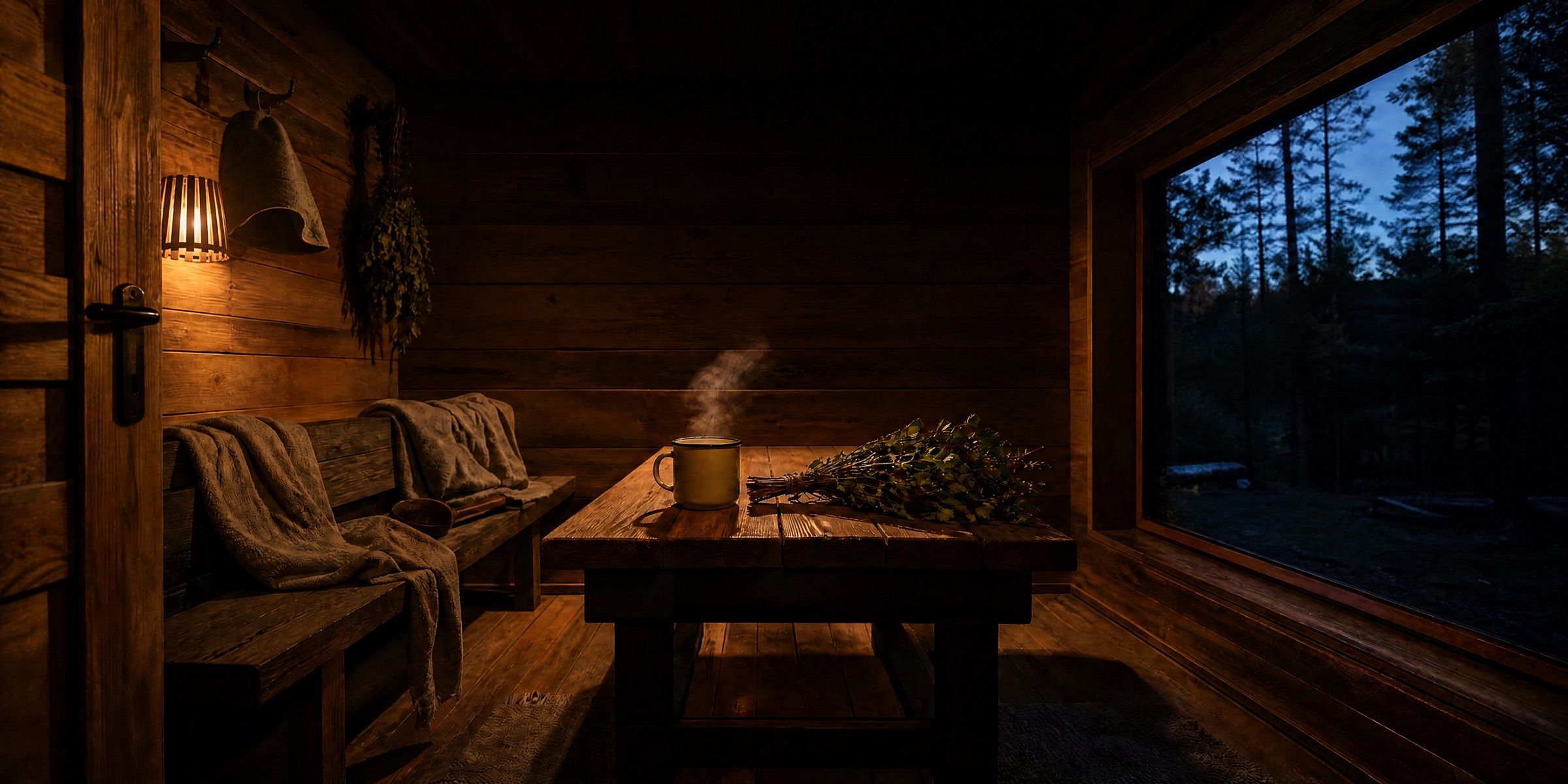 Комната отдыха мобильной бани вечером: свет лампы, пар над кружкой, веник на столе, панорамное окно в лес